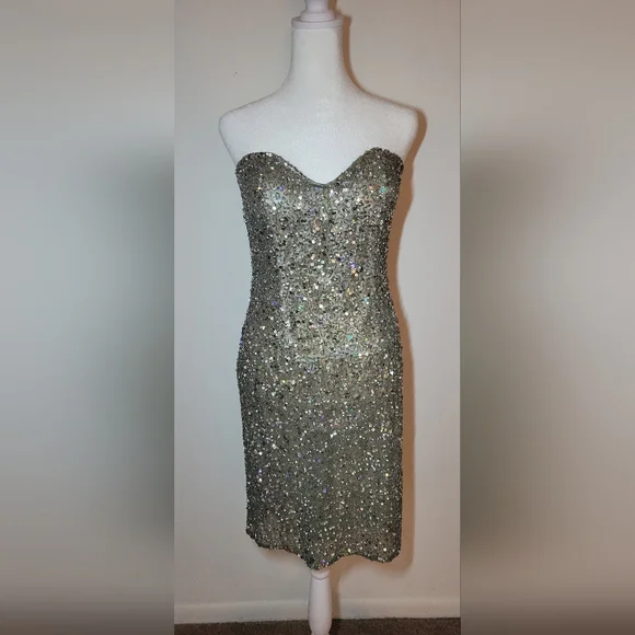 Scala Sequin 100% Real Silk Beaded Mini Dress Sz L Strapless - Picture 1 of 15